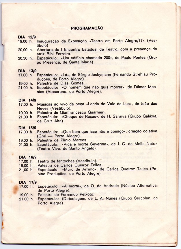 arte da programação do I ENCONTRO ESTADUAL DE TEATRO - Assembleia Legislativa RS - Porto Alegre - RS - 1977